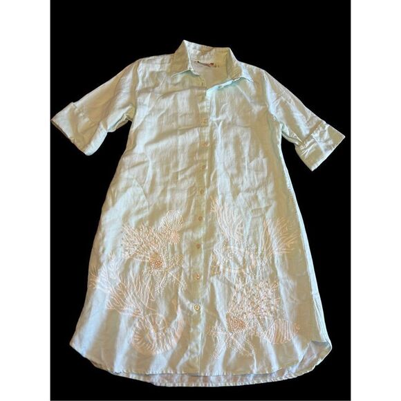 Soft surroundings linen blend blue green seashell embellished button dress small - Picture 3 of 11